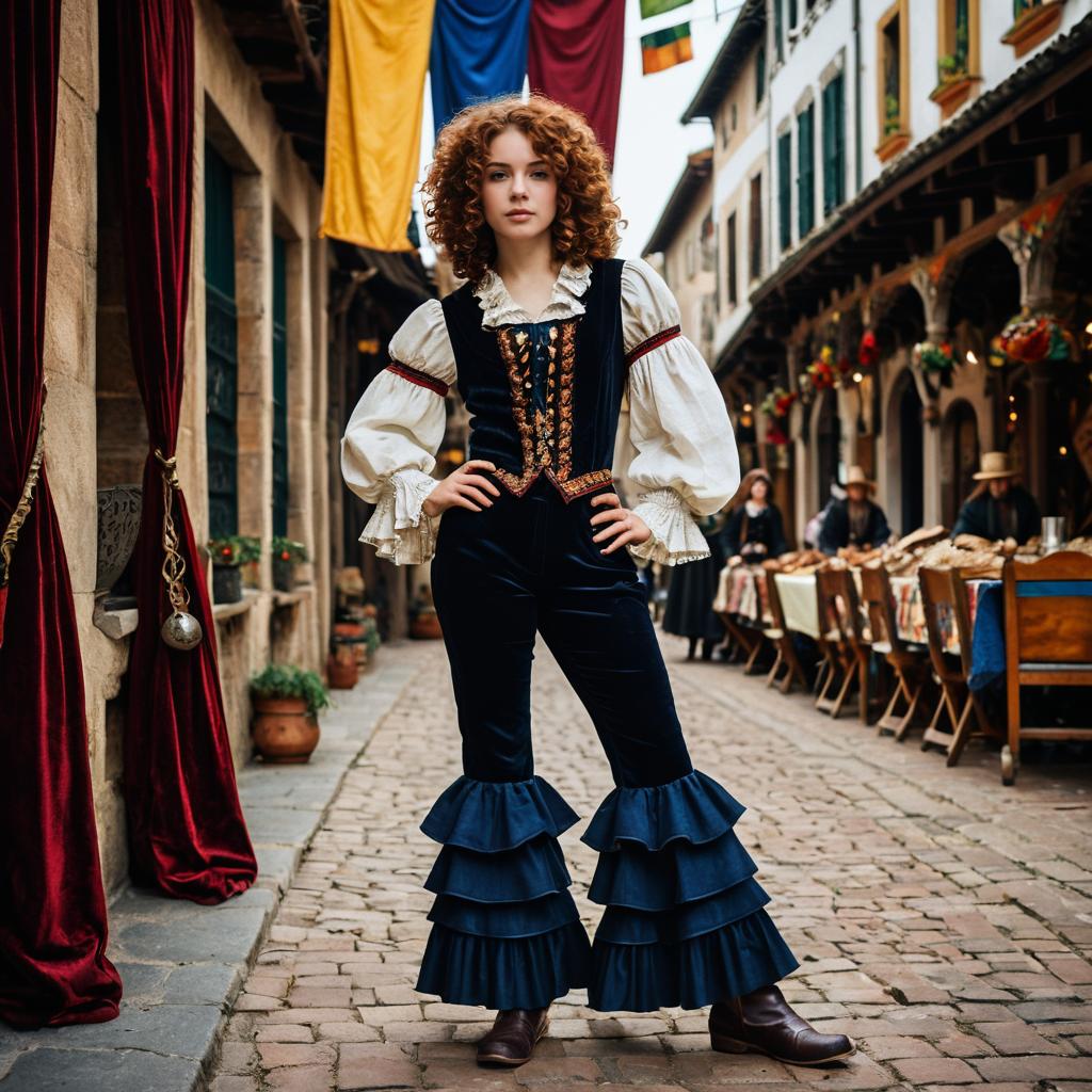 Young Woman in Renaissance Costume on Historic Street
