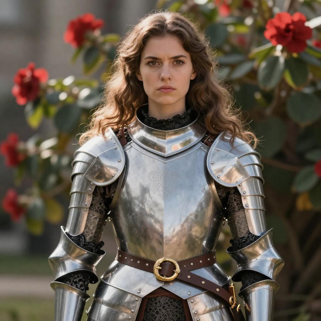 Young Woman in Medieval Armor Portrait with Red Flowers Background