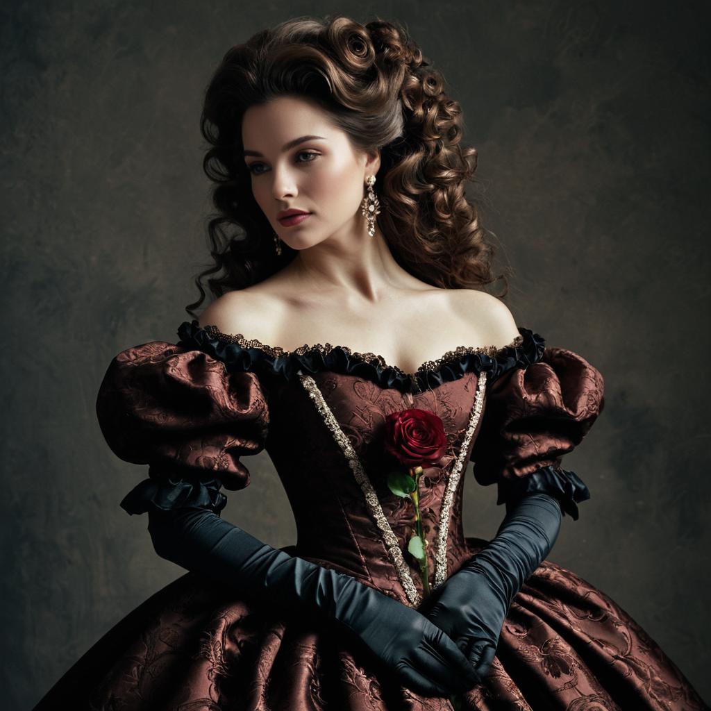 Victorian Style Woman in Elegant Brown Dress Holding Red Rose