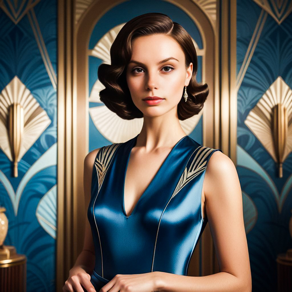 Elegant Woman in Blue Satin Dress Against Art Deco Backdrop Elegant Woman in Blue Satin Dress Against Art Deco Backdrop