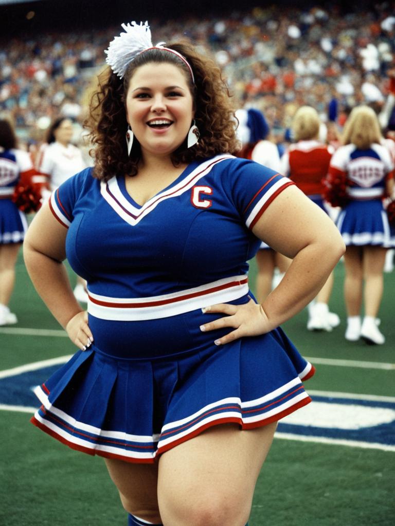 Plus-Size Woman in Classic Blue Cheerleader Costume Smiling on Football Field