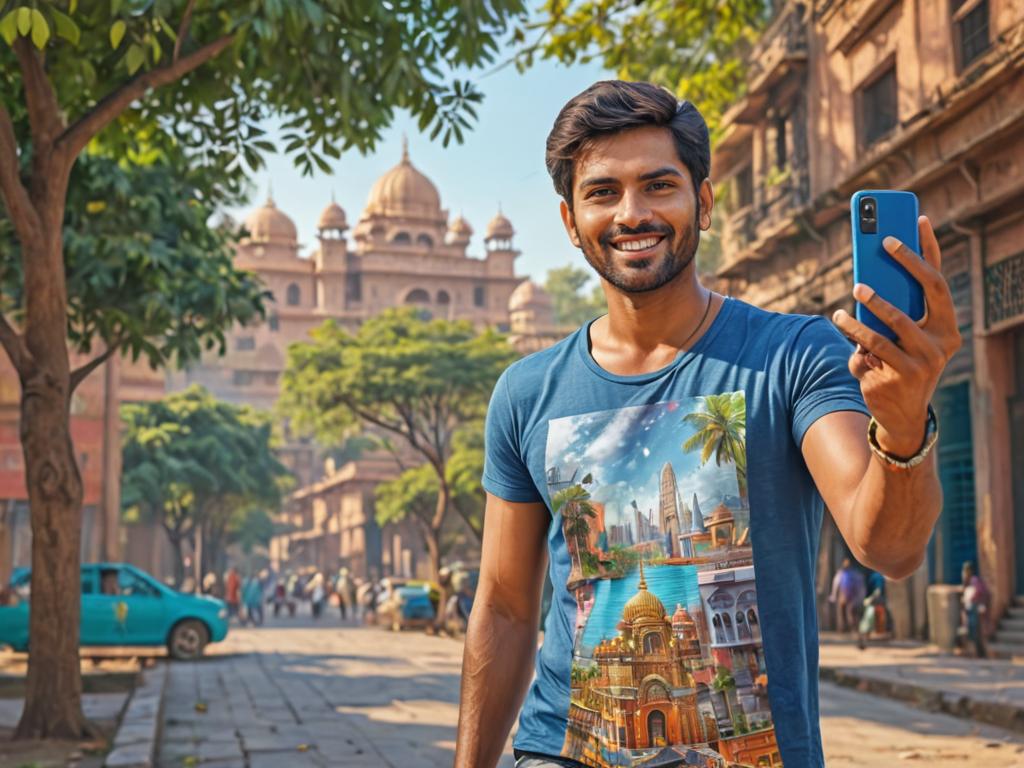 Cheerful Indian Man Selfie with Traditional Background