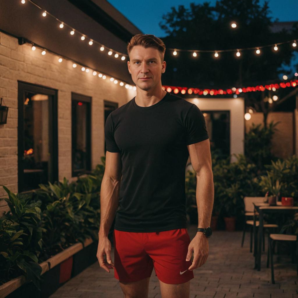 Confident Man in Athletic Attire on Cozy Patio