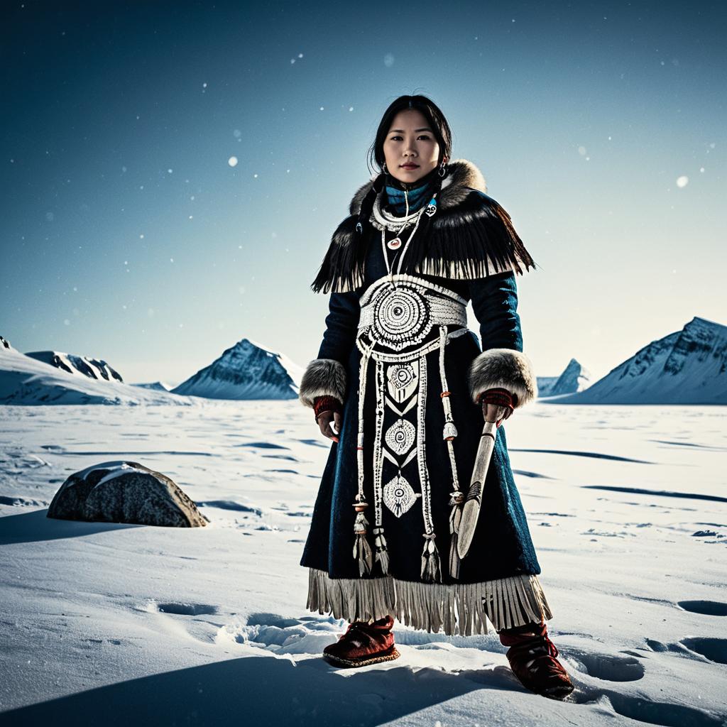 Woman in Traditional Arctic Clothing Standing in Snowy Mountain Landscape