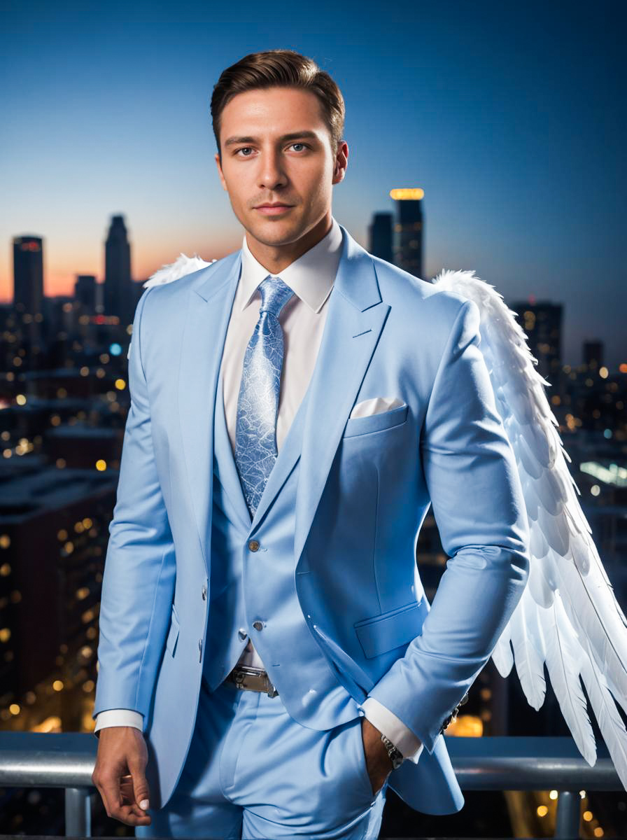 Man in Light Blue Angel Costume with Wings Against City Skyline