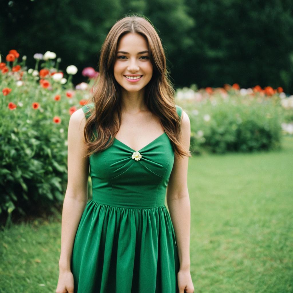 Young Woman in Green Dress in Lush Garden Young Woman in Green Dress in Lush Garden