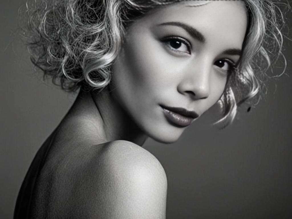 Monochrome Portrait of Elegant Woman with Wavy Hair