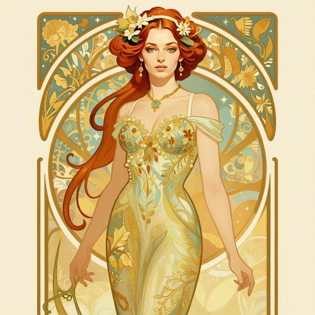 Art Nouveau Style Illustration of Woman in Ornate Floral Gown