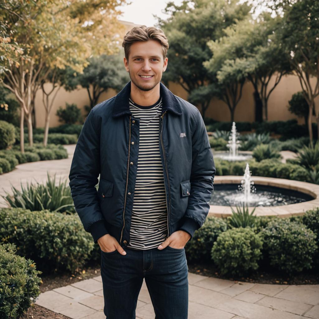 Stylish Man in Outdoor Setting with Fountain