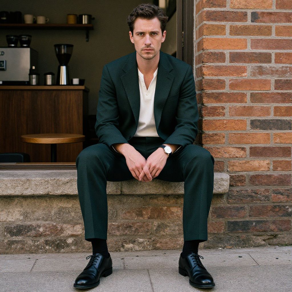 Man in Dark Green Suit Sitting Outside Café in Urban Setting