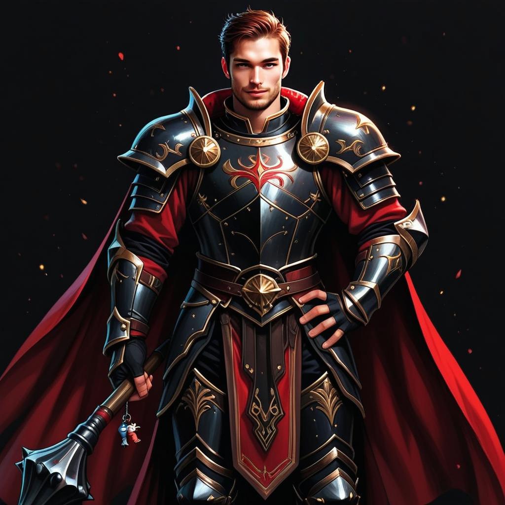 Heroic Man in Black and Gold Medieval Armor with Mace