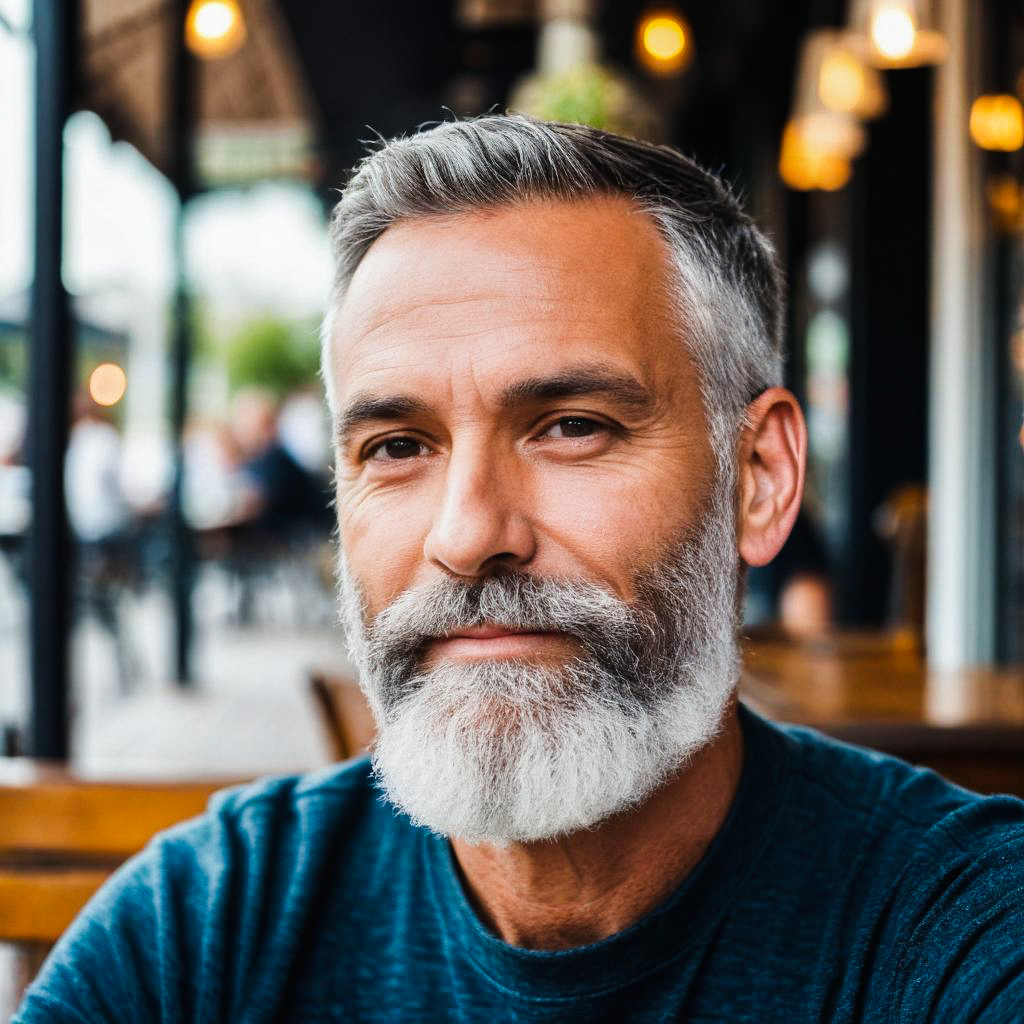 Mature man with white beard in outdoor cafe