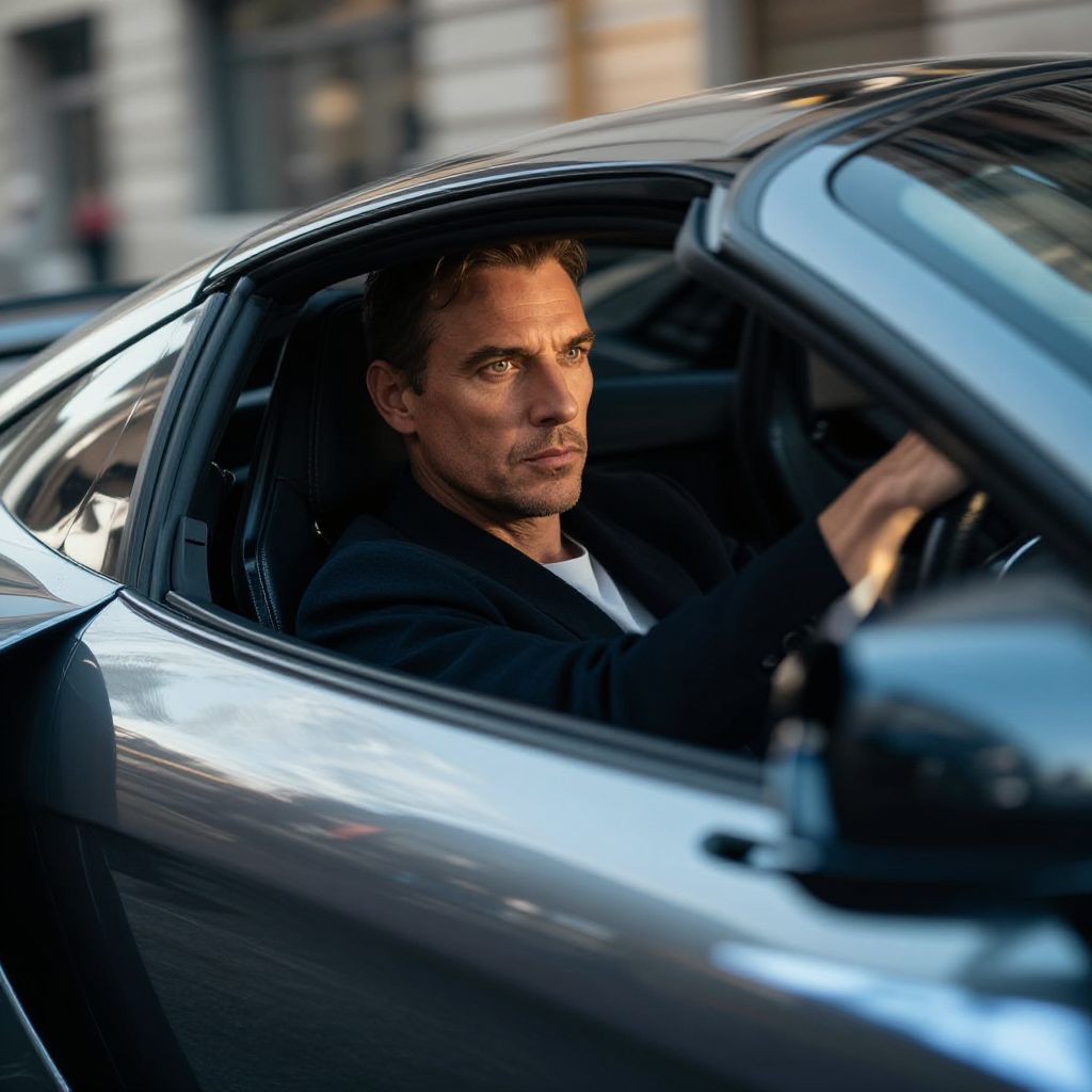 Serious Man Driving Modern Sports Car in Urban Setting