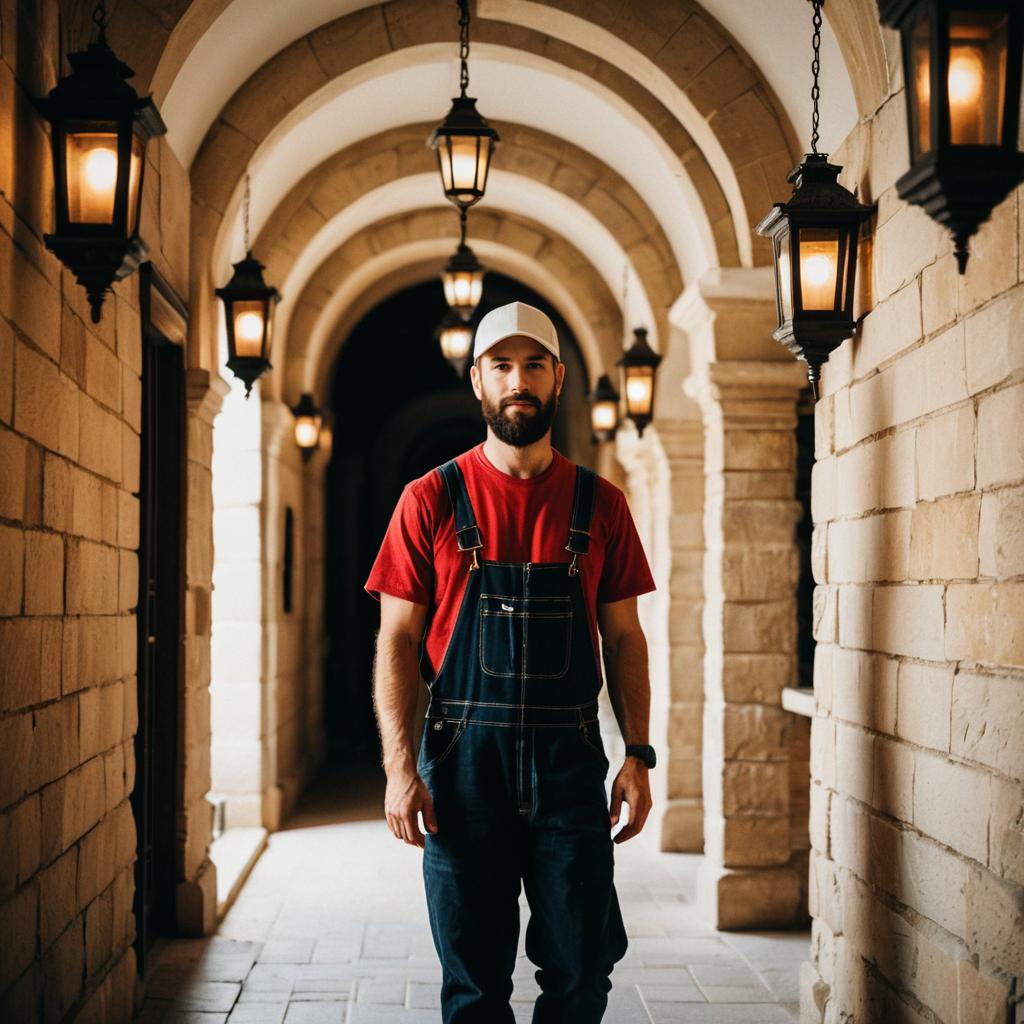 Man in Denim Overalls Standing in Stone Arch Corridor with Lanterns