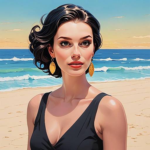 Digital Illustration of Woman on Beach Wearing Gold Leaf Earrings