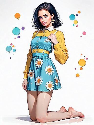Stylish Young Woman in Daisy Dress Full Body Comic-Style Illustration