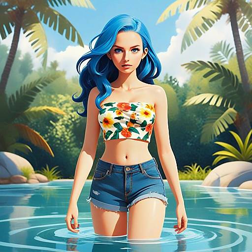 Blue-Haired Woman in Floral Top and Denim Shorts in Tropical Water - Digital Art