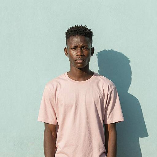 Young Man Wearing Pink T-shirt Standing by Blue Wall