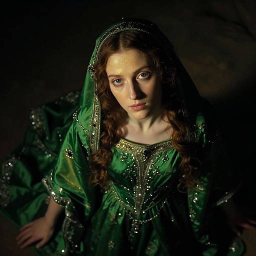 Woman in Embellished Green Traditional Dress Renaissance Style Portrait
