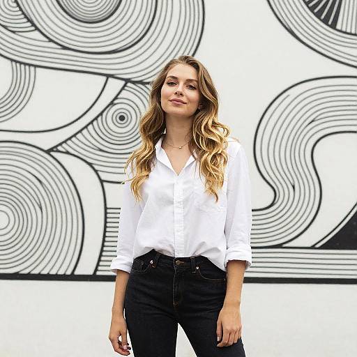 Young Woman in White Shirt Posing by Abstract Black and White Wall Mural