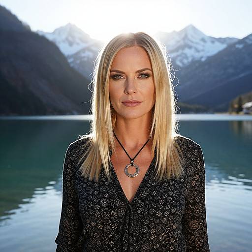 Blonde Woman Portrait Near Mountain Lake with Snowy Peaks
