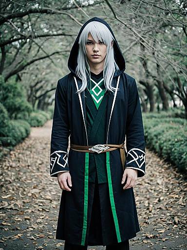 Fantasy Man in Hooded Black and Green Robe with White Hair on Forest Path