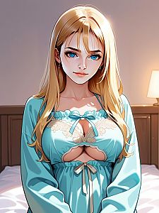 Anime Blonde Woman in Light Blue Lace Nightgown Digital Art