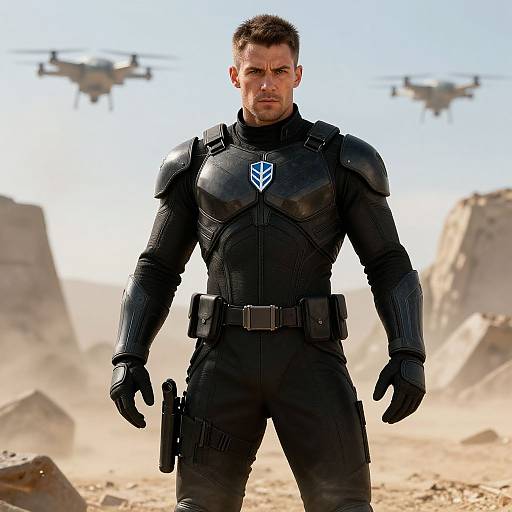 Man in Futuristic Tactical Armor with Hovering Drones in Desert