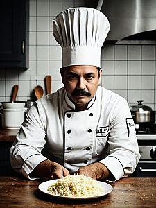 Male Chef in Professional Kitchen with Plate of Grated Cheese