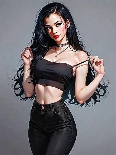 Realistic Comic Style Portrait of Woman in Black Crop Top and Pants