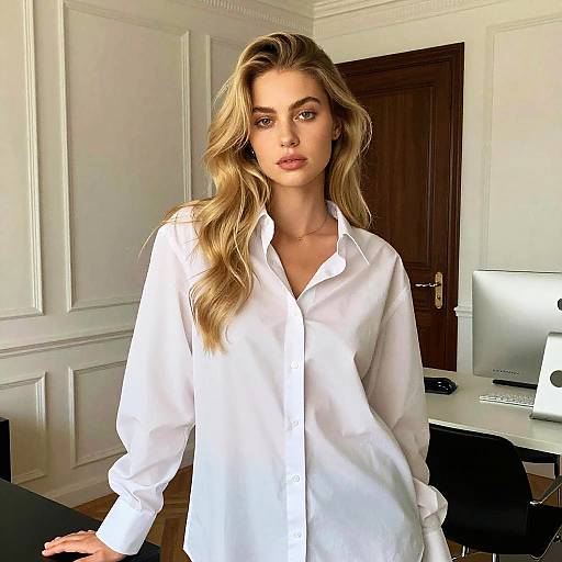 Confident Woman in White Shirt Posing in Modern Office