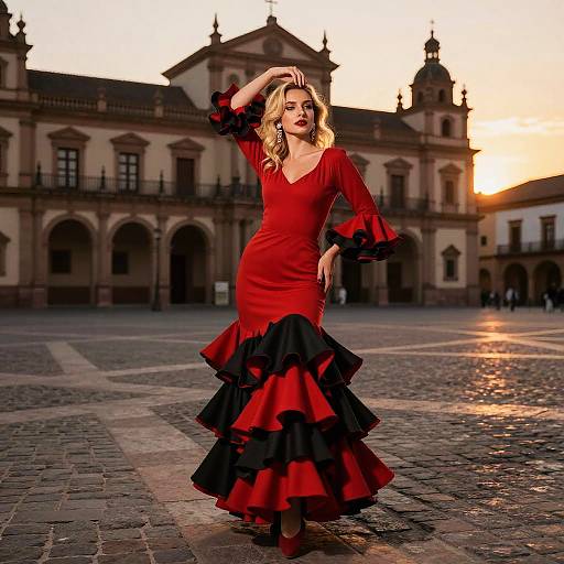 Woman in Red and Black Flamenco Dress Posing at Sunset in Historic Plaza