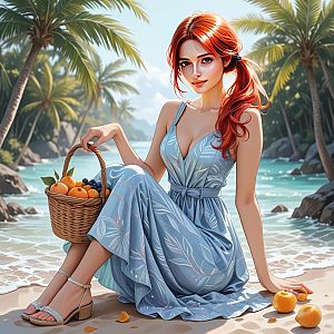 Woman with Red Hair on Tropical Beach