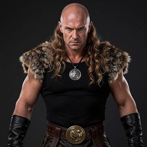 Fierce Bald Warrior Man in Fur and Leather Costume