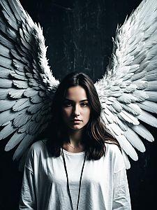 Photorealistic Portrait of Woman with Extra Large Angel Wings in Fantasy Style