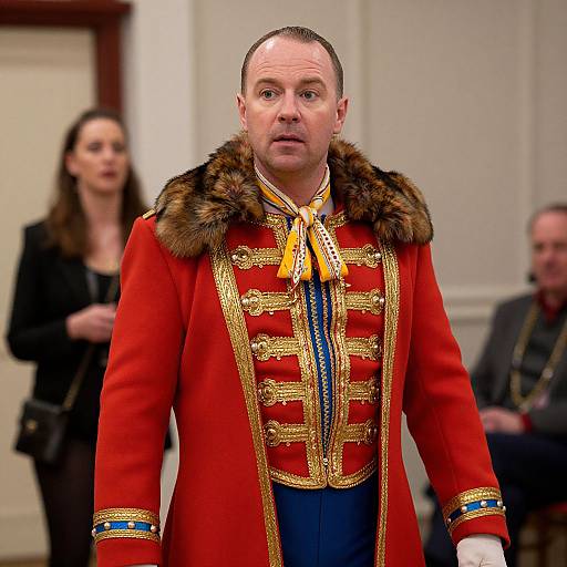 Man in Ornate Red Military-Style Jacket with Gold Embroidery