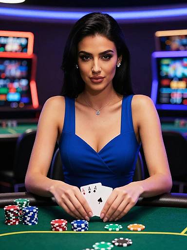 Confident Woman Holding Three Aces at Casino Poker Table
