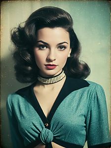 Vintage Style Woman in Teal Cropped Top with Pearl Choker