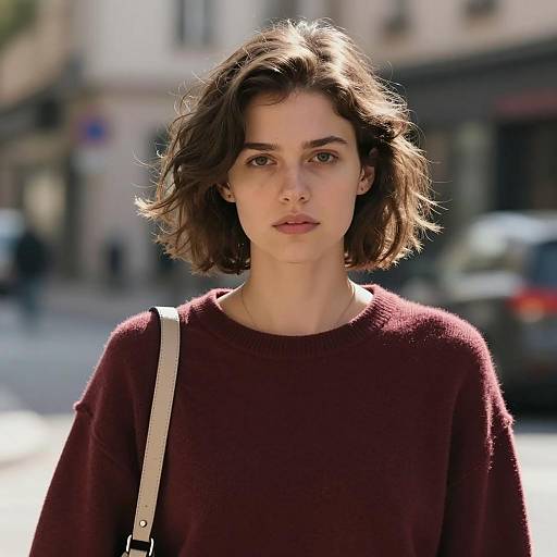 Young Woman in Maroon Sweater with Short Hair on Urban Street