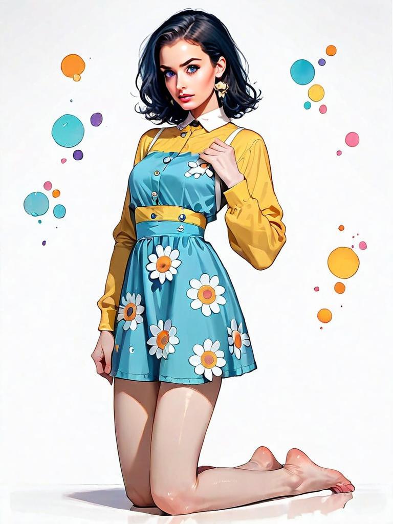 Stylish Young Woman in Daisy Dress Full Body Comic-Style Illustration