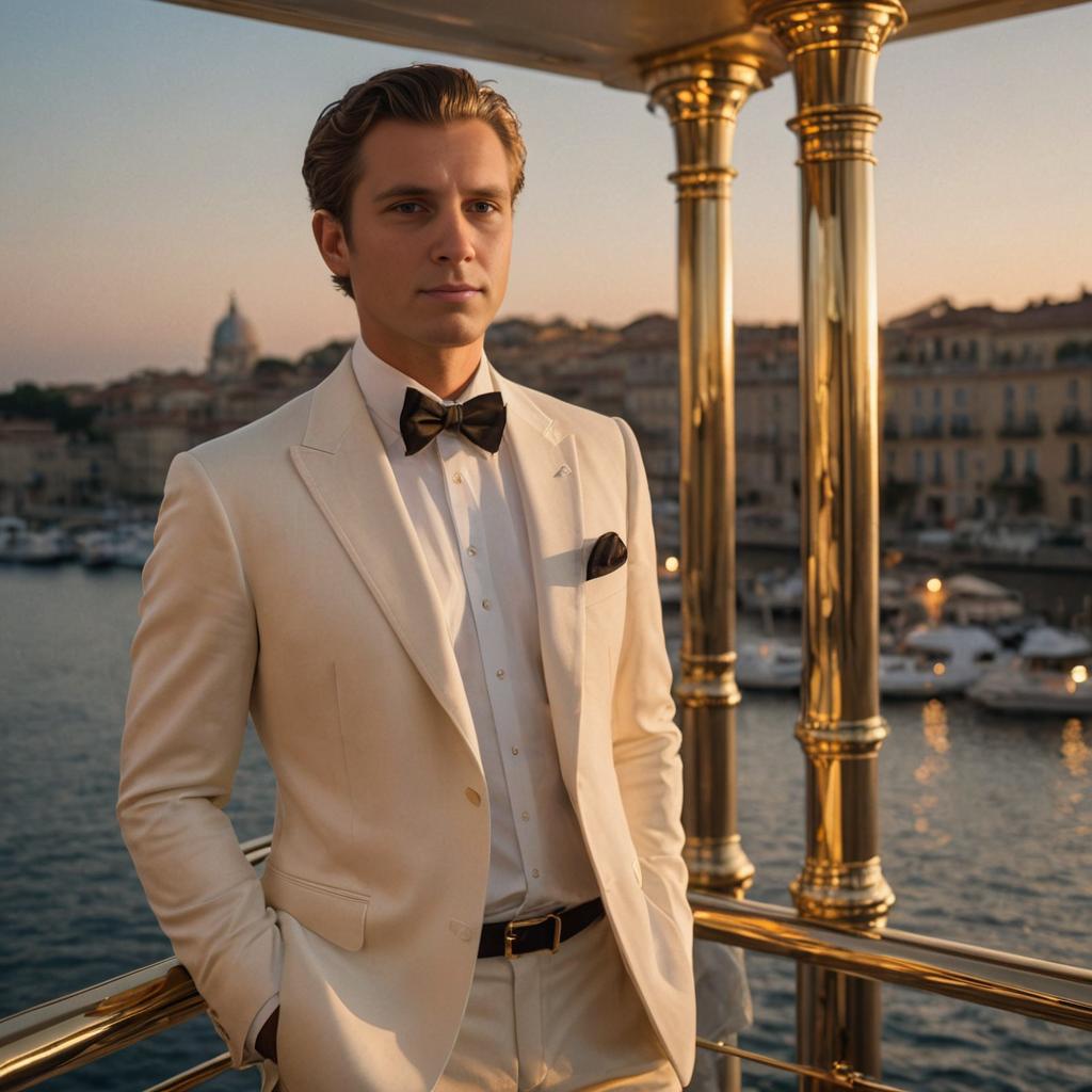 Elegant man in white suit on luxury yacht at sunset