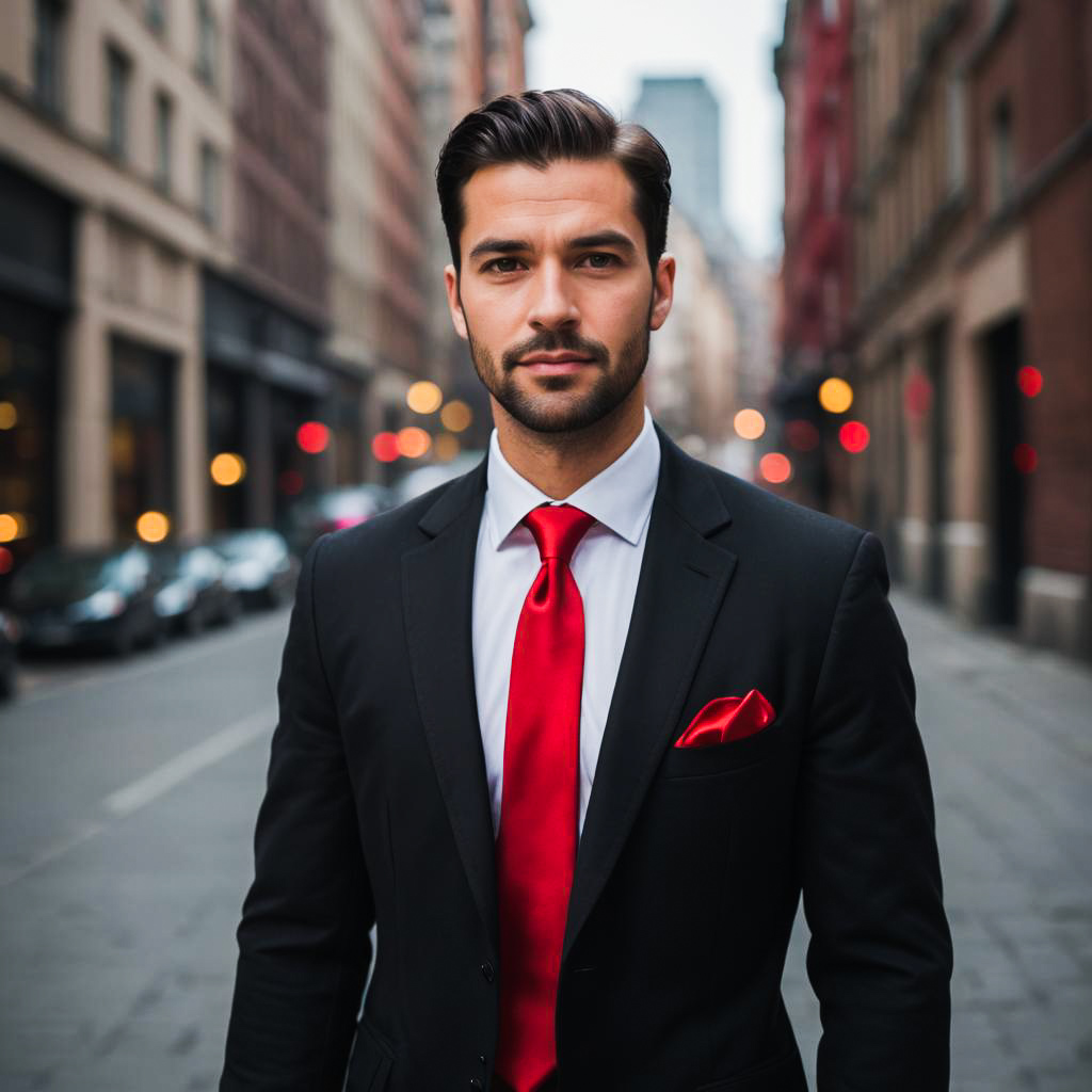 Confident Man in Black Suit on City Street