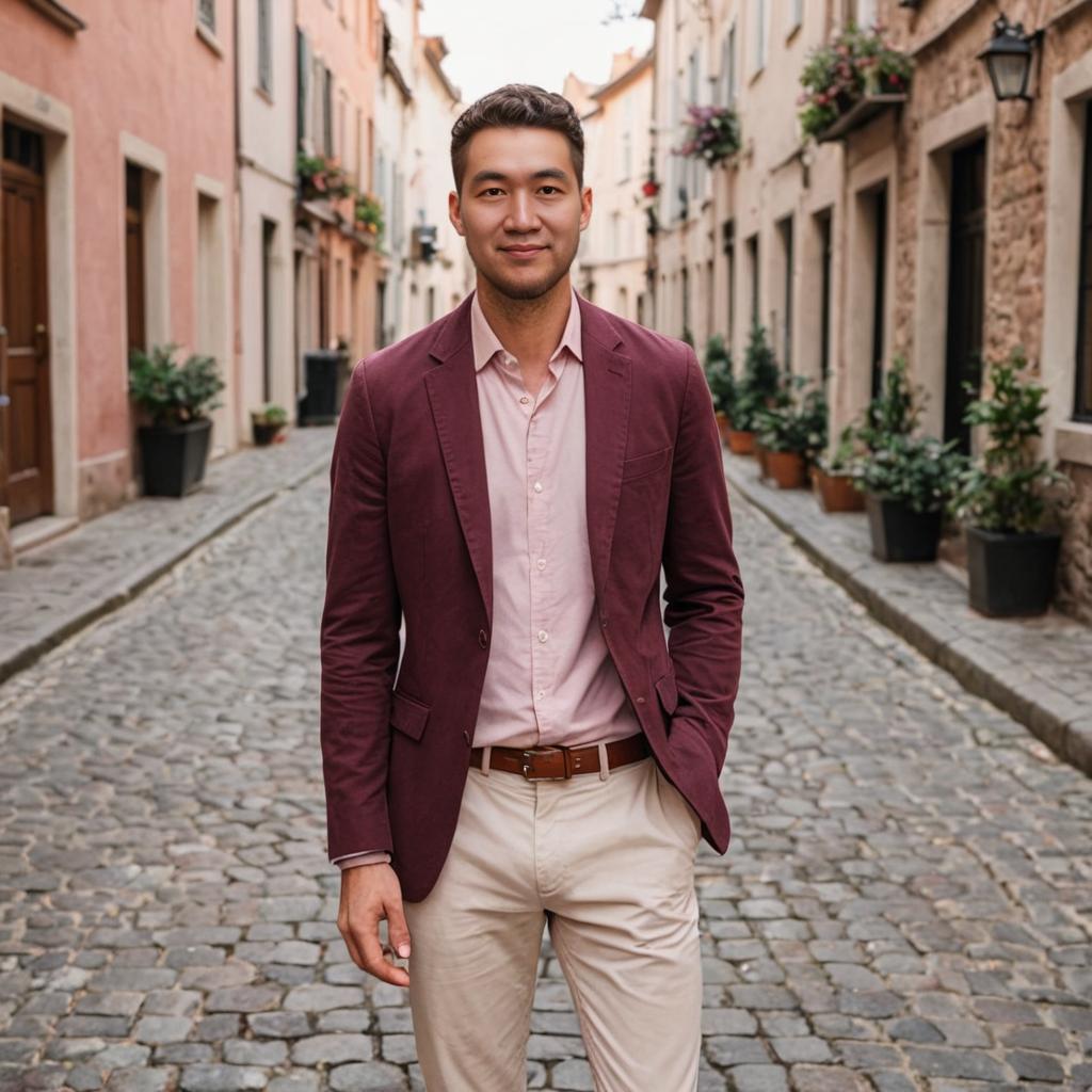 Confident man in burgundy blazer on European street