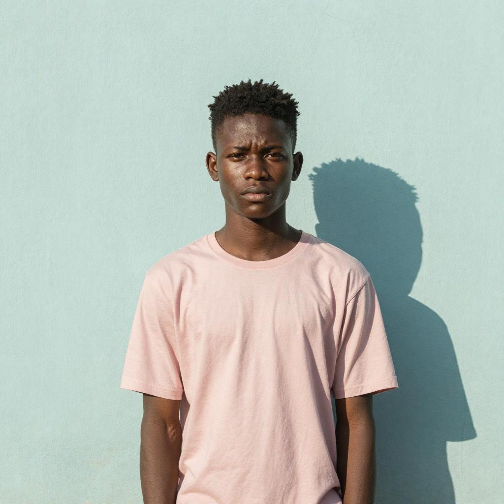 Young Man Wearing Pink T-shirt Standing by Blue Wall