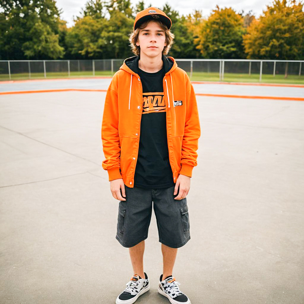 Young Man in Orange Jacket in Park