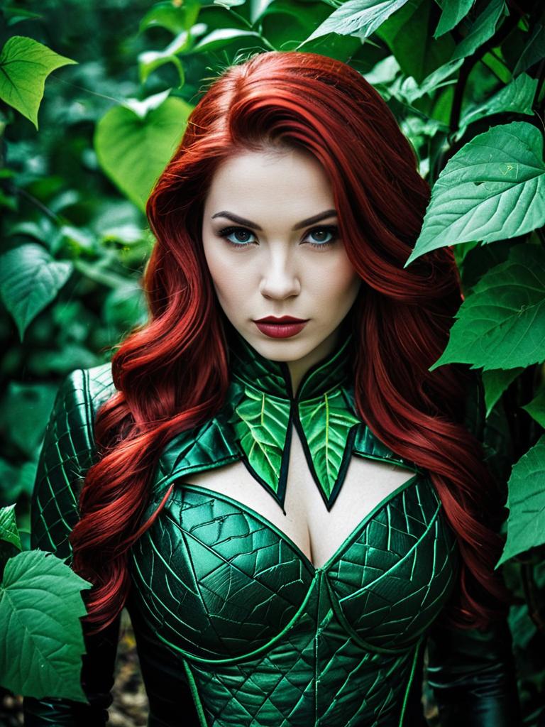 Photorealistic Genderbend Poison Ivy Cosplay Portrait with Red Hair