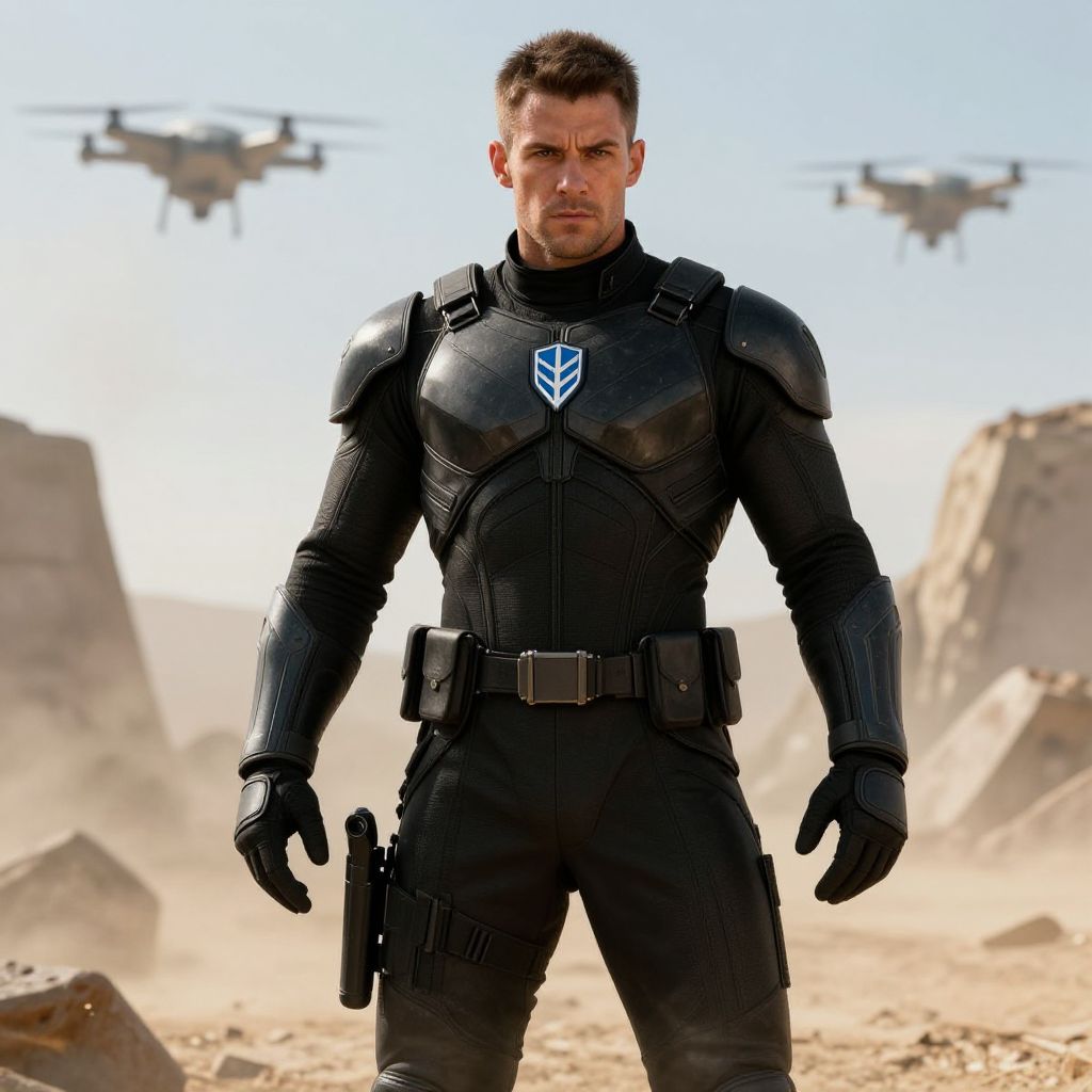 Man in Futuristic Tactical Armor with Hovering Drones in Desert