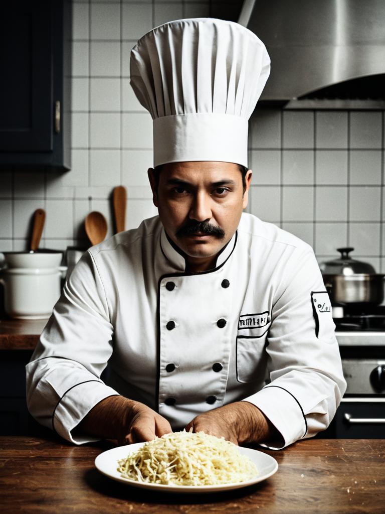 Male Chef in Professional Kitchen with Plate of Grated Cheese