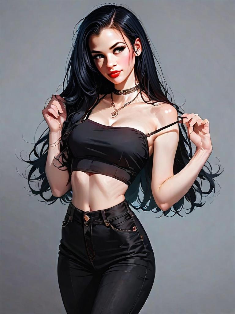 Realistic Comic Style Portrait of Woman in Black Crop Top and Pants