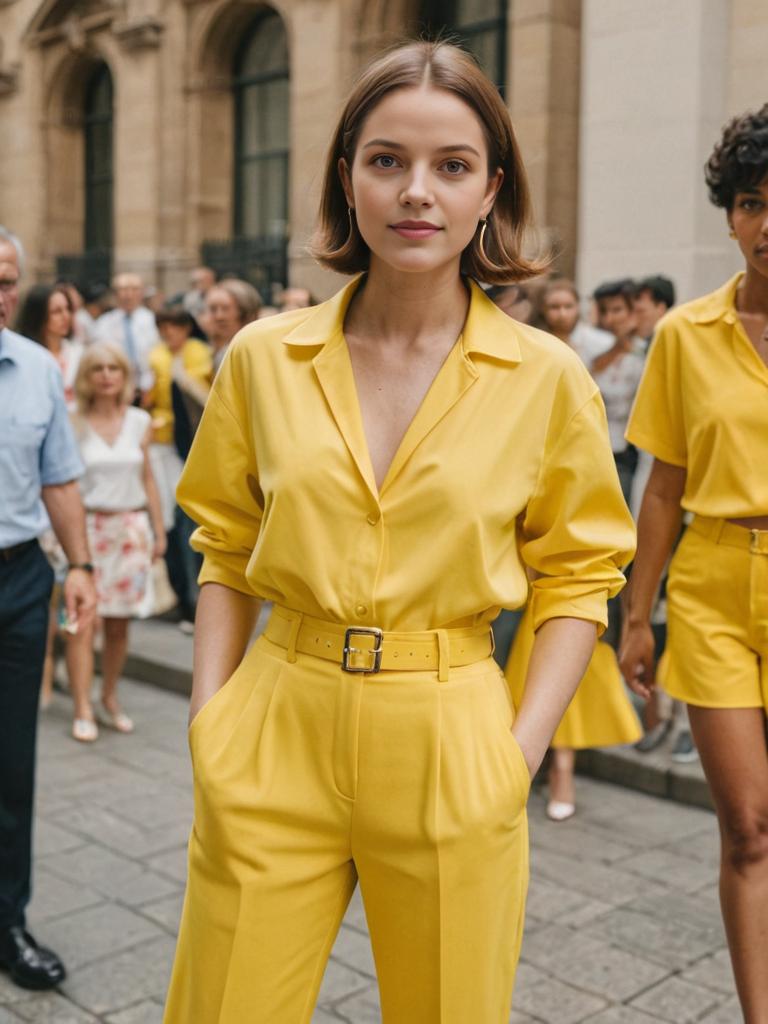 Confident Woman in Yellow Outfit at Outdoor Event